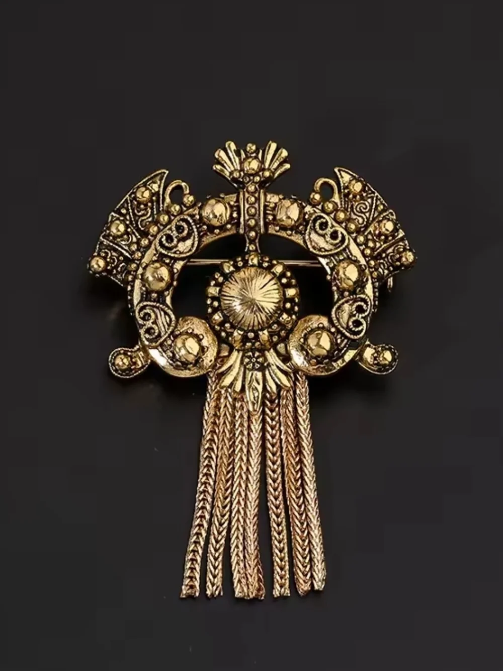 Gold-Tone Ornate Tassel Brooch with Filigree